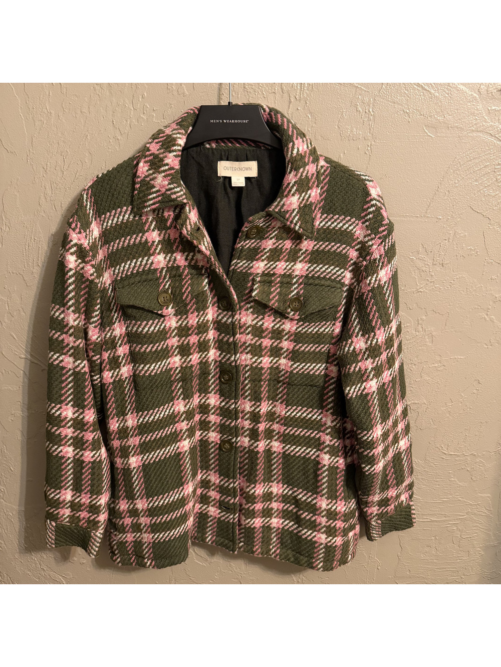 Outerknown Blanket Shirt Heavyweight Plaid Button Up Jacket Olive Pink White S